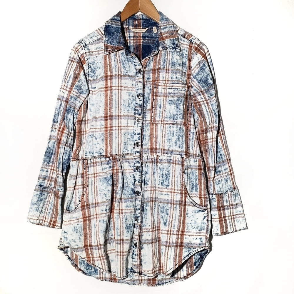 Soft Surroundings Chambray Acid Washed Plaid Tunic Top‎ XS Blue Rust